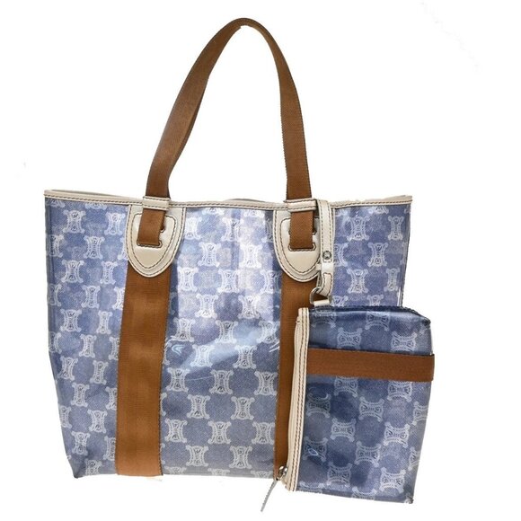 CELINE Logo Macadam Pattern Shoulder Tote Bag Vinyl Leather Blue SHW 38KA973 - Picture 1 of 15